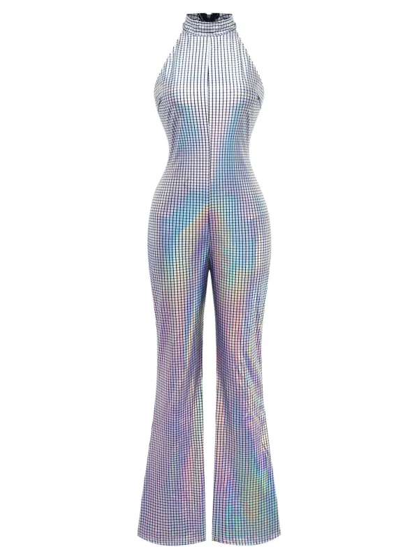 Silver 1970s Disco Sleeveless Metallic Jumpsuit sold by Retro Stage