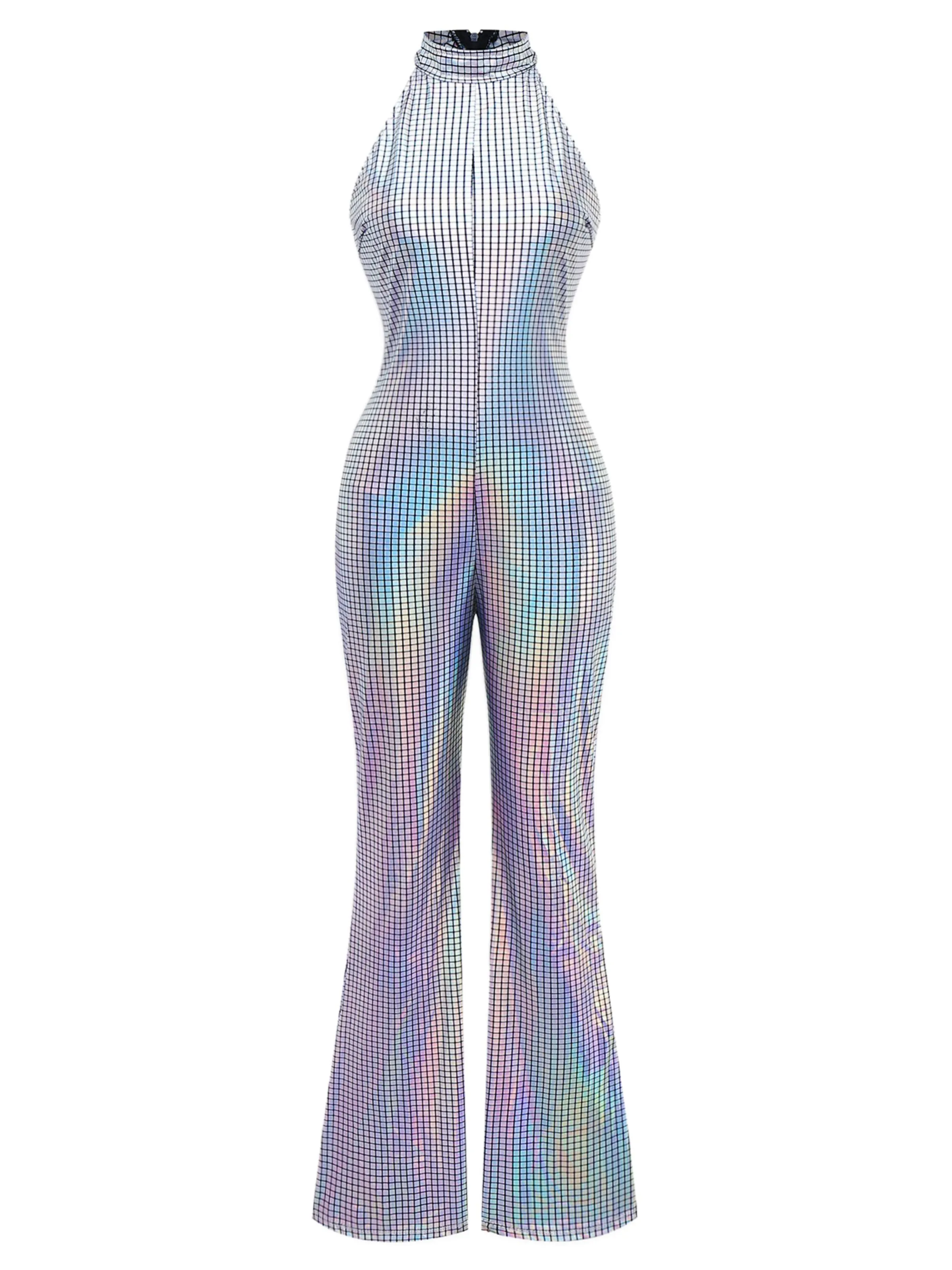 Silver 1970s Disco Sleeveless Metallic Jumpsuit sold by Retro Stage