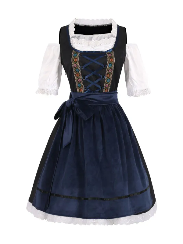 2PCS Dark Blue 1950s Floral Embroidered Dress & Velvet Apron sold by Retro Stage