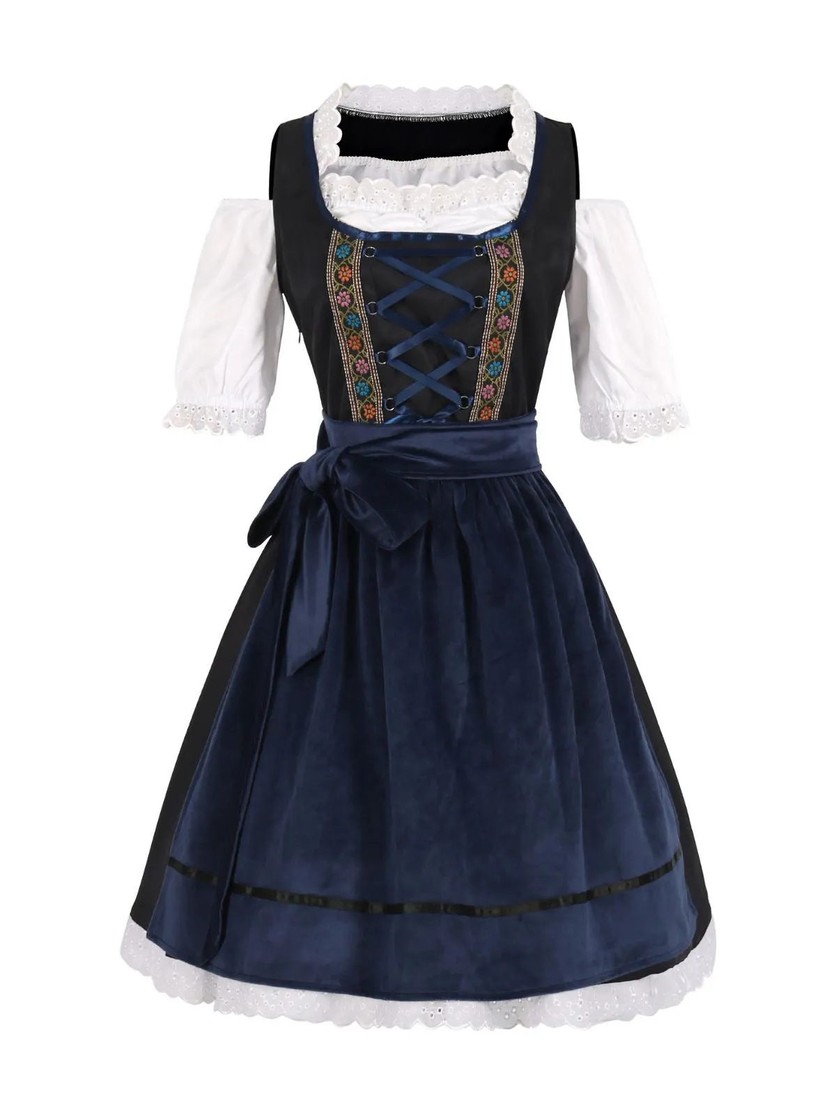 2PCS Dark Blue 1950s Floral Embroidered Dress & Velvet Apron sold by Retro Stage