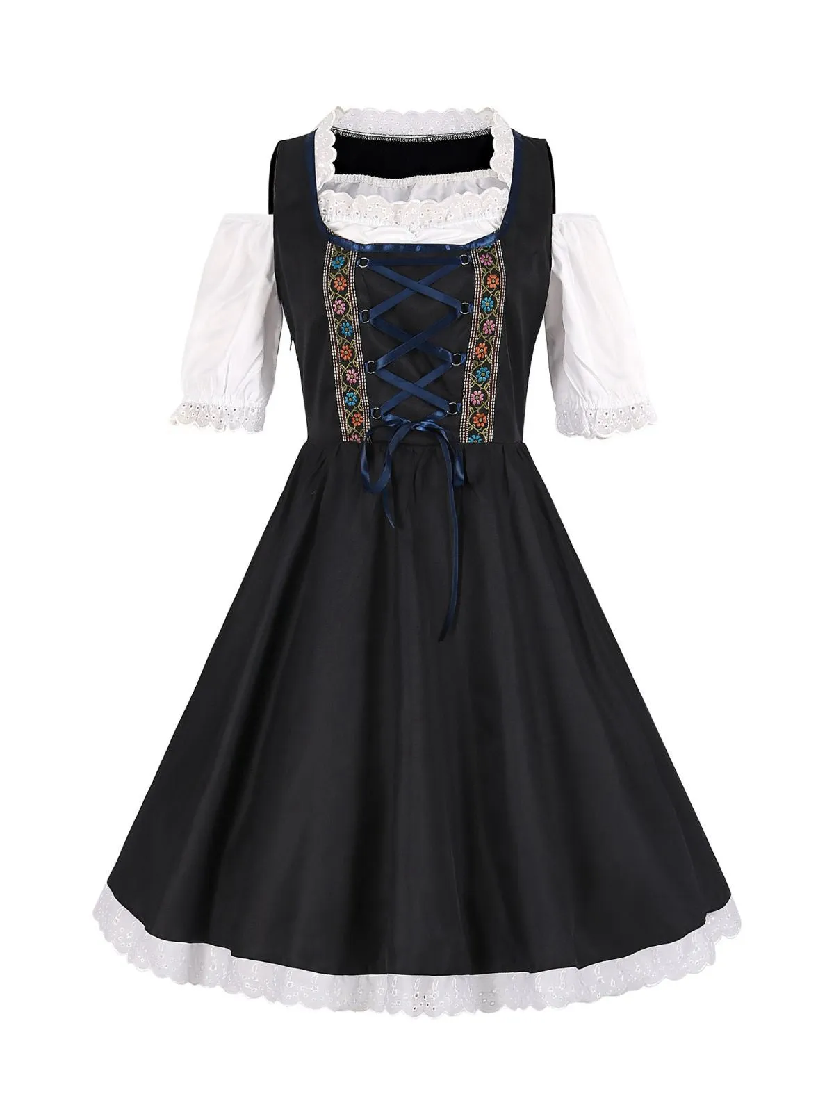 2PCS Dark Blue 1950s Floral Embroidered Dress & Velvet Apron sold by Retro Stage product image thumbnail 2