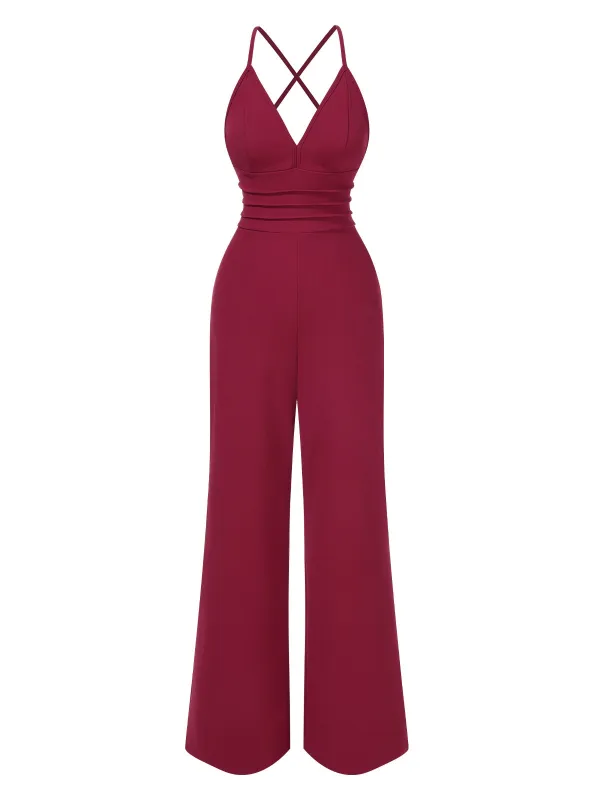 1970s Solid V-Neck Back Cross Straps Jumpsuit sold by Retro Stage