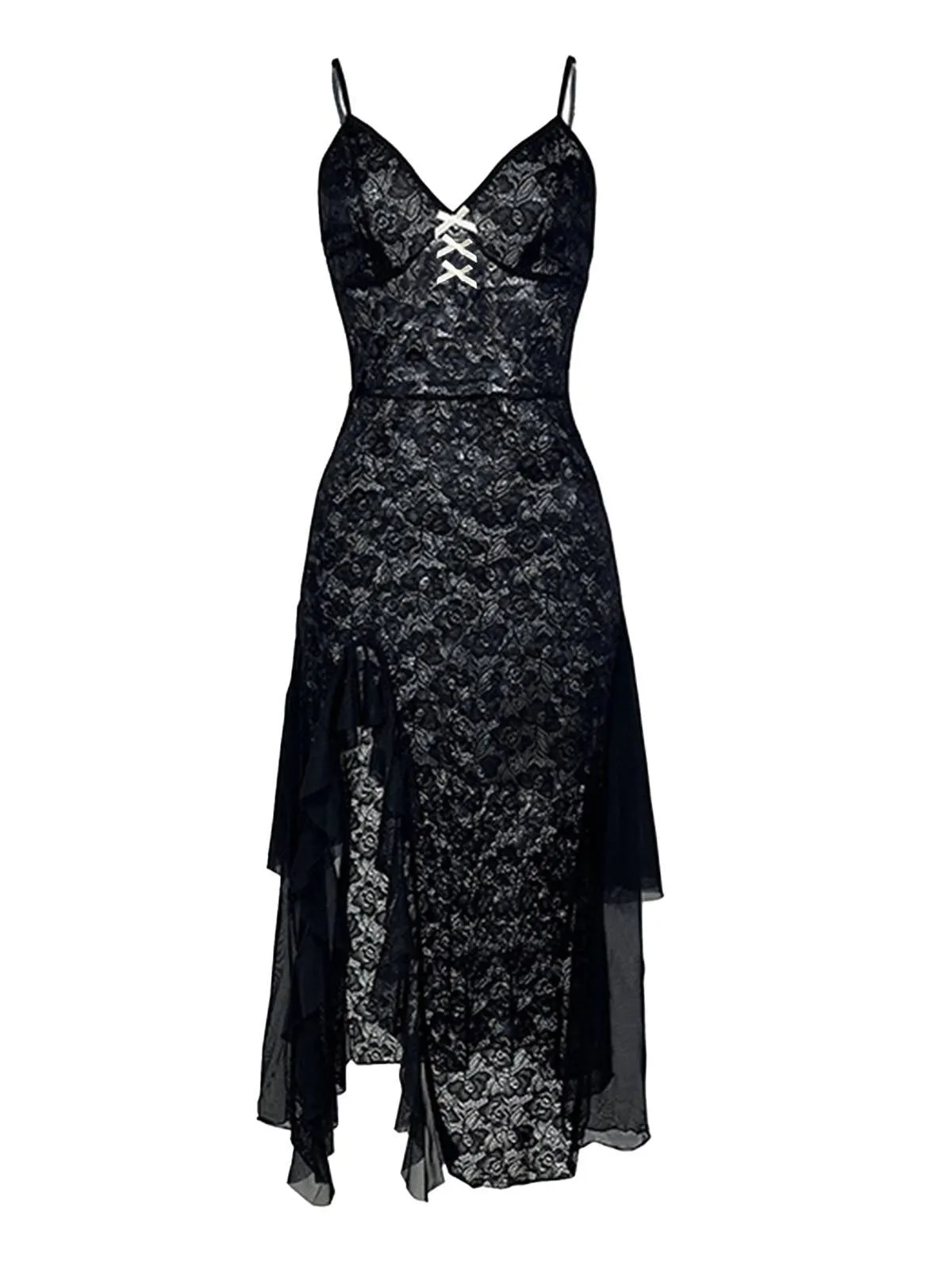 Black 1950s Sheer Floral Lace Deep-V Slit Nightgown sold by Retro Stage
