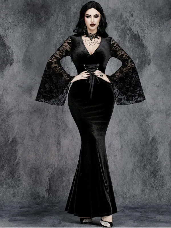 Black 1930s Halloween Lace Bell-Sleeve Bodycon Maxi Dress sold by Retro Stage