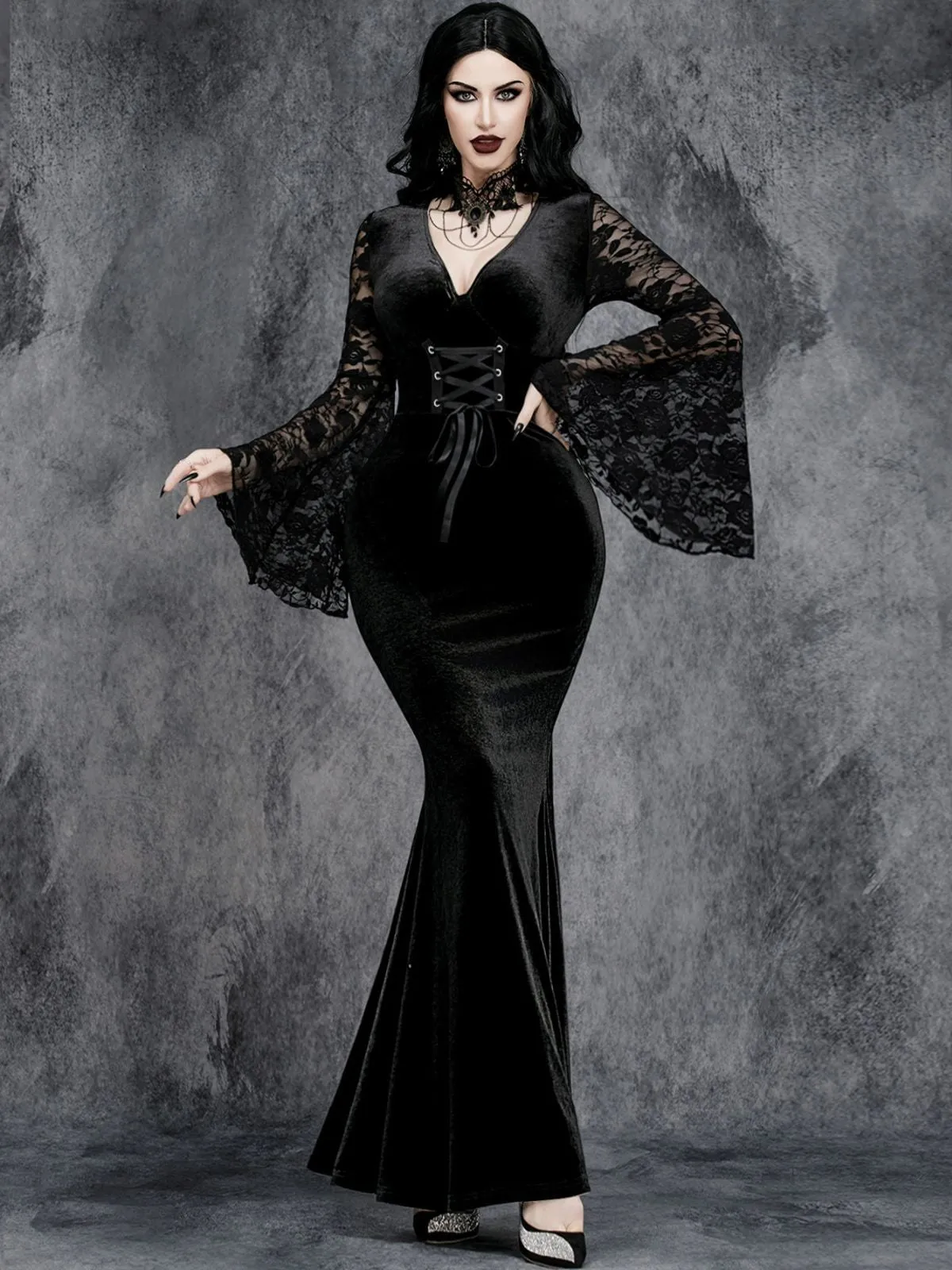 Black 1930s Halloween Lace Bell-Sleeve Bodycon Maxi Dress sold by Retro Stage product image thumbnail 4