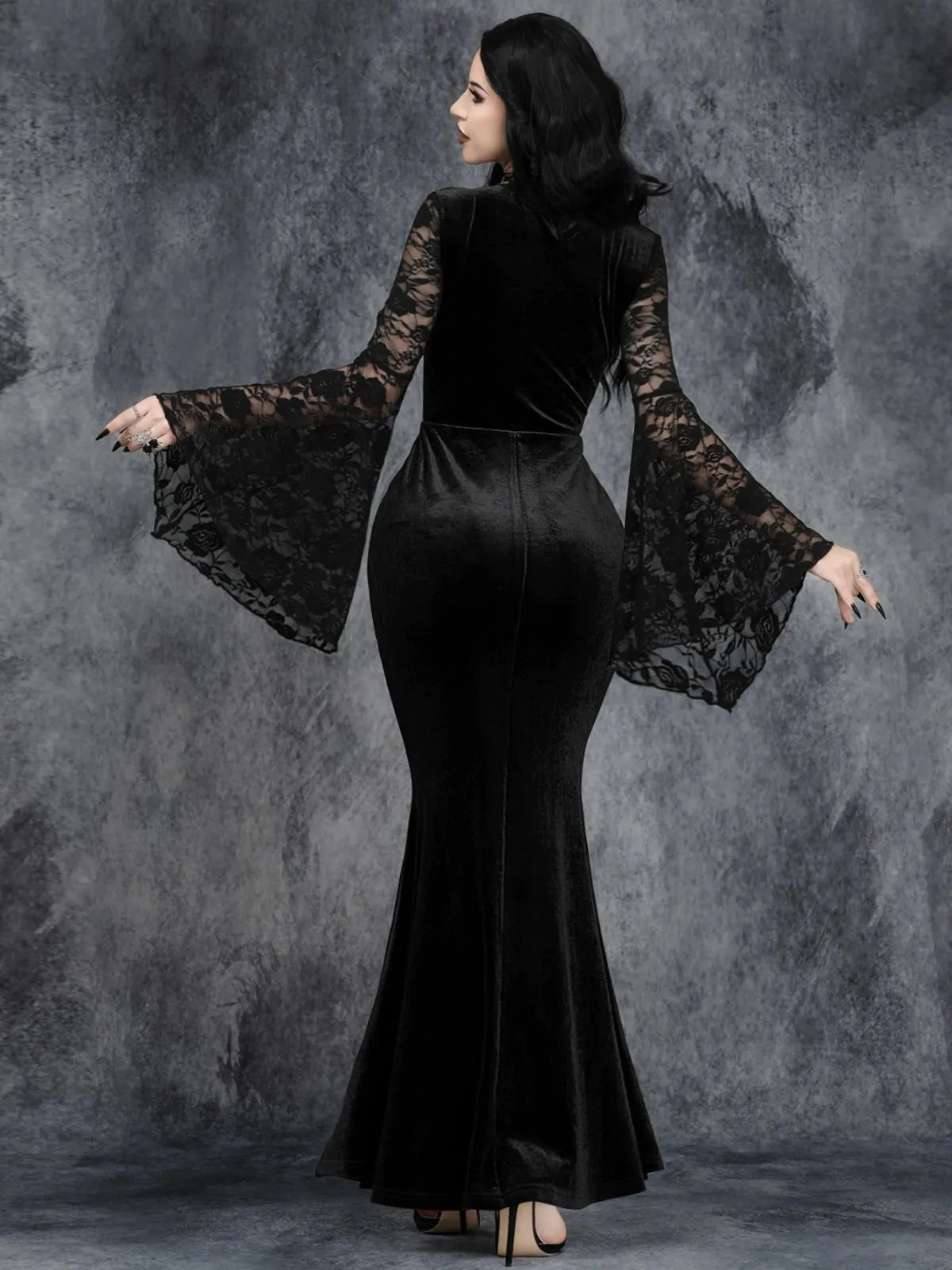 Black 1930s Halloween Lace Bell-Sleeve Bodycon Maxi Dress sold by Retro Stage product image thumbnail 3