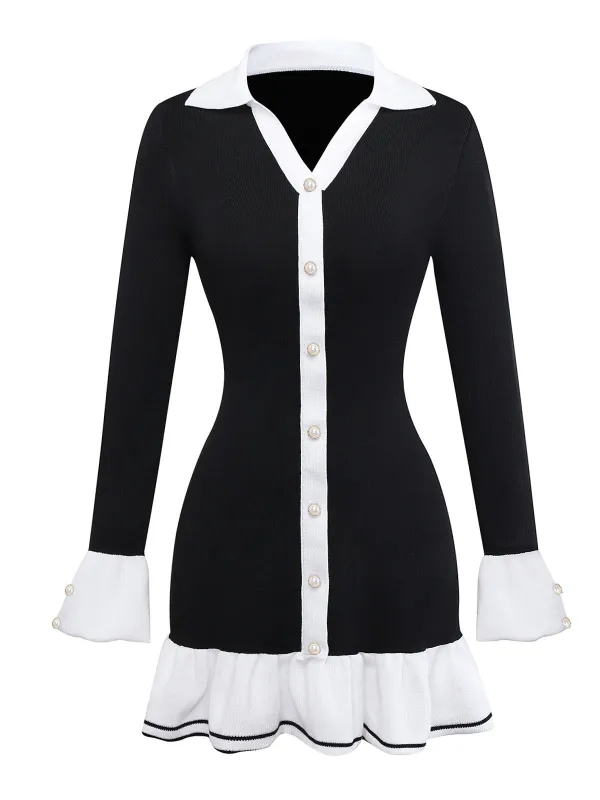 1970s Black & White Contrast Knitted Ruffle Dress sold by Retro Stage