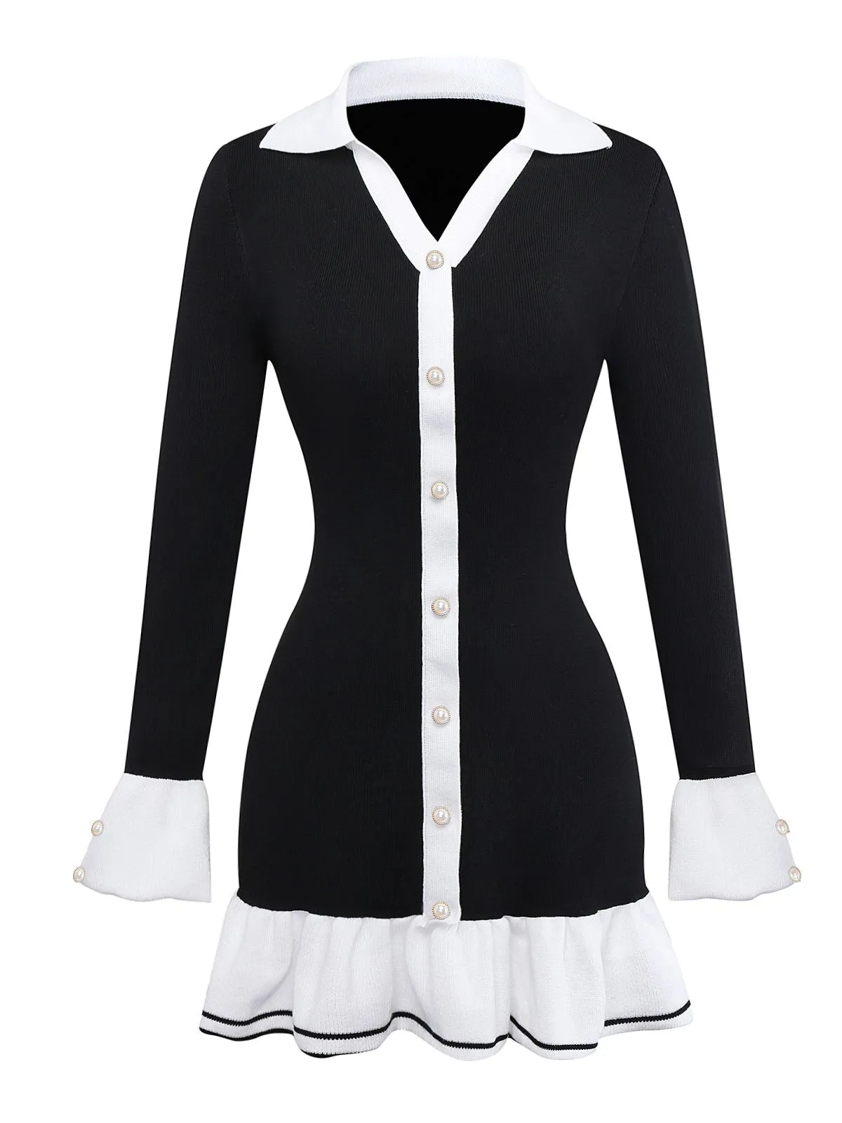 1970s Black & White Contrast Knitted Ruffle Dress sold by Retro Stage