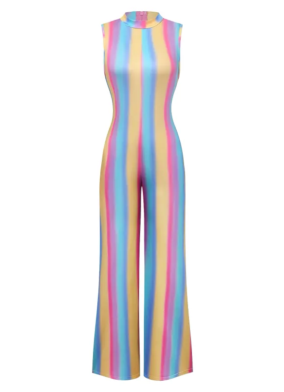 1970s Rainbow Stripe Sleeveless Wide-Leg Jumpsuit sold by Retro Stage