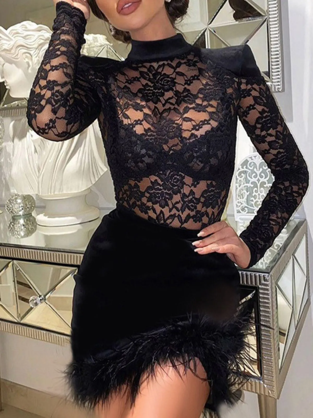 Black 1960s Lace Feather Hem Velvet Bodycon Dress sold by Retro Stage product image thumbnail 2