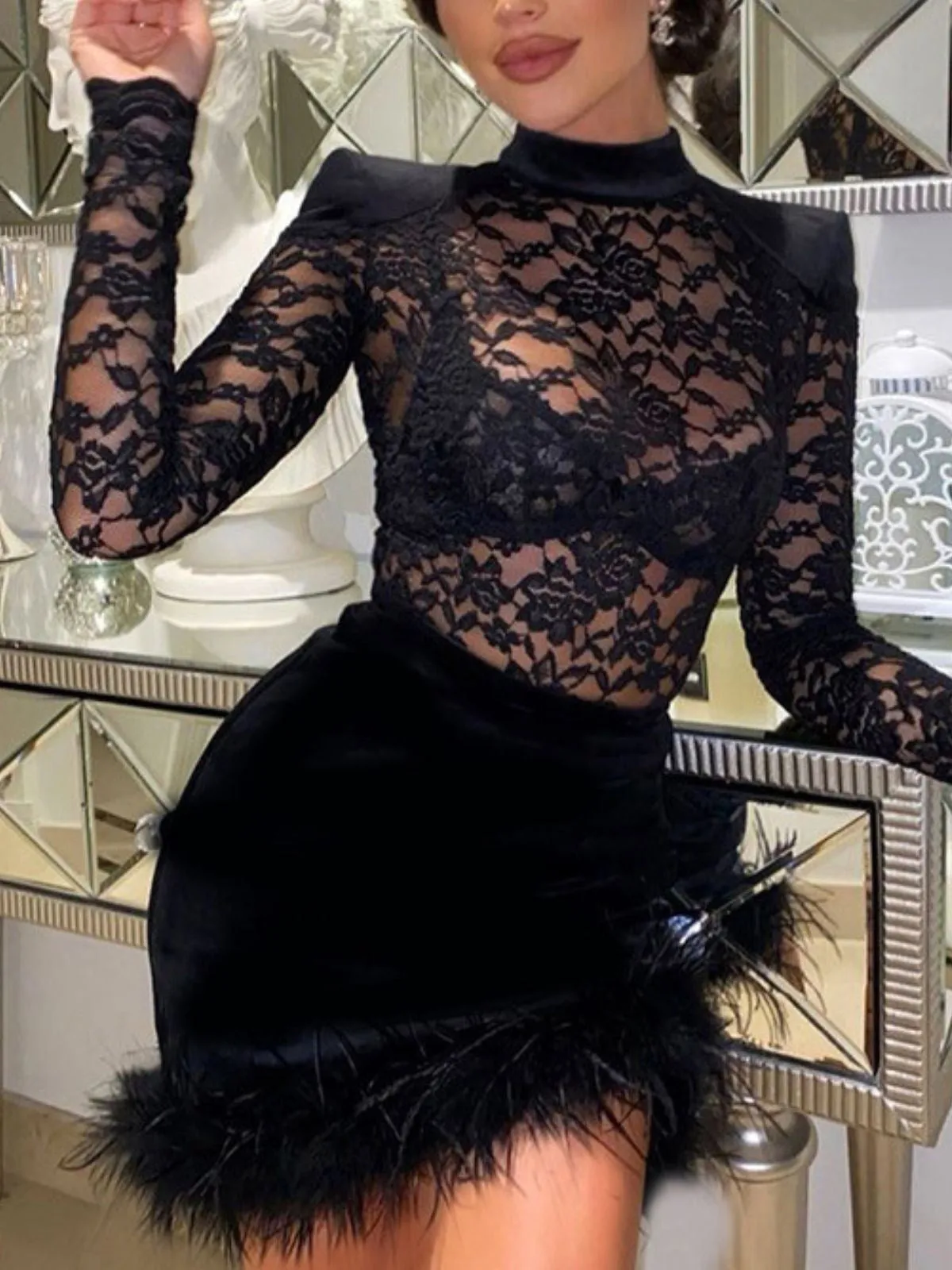 Black 1960s Lace Feather Hem Velvet Bodycon Dress sold by Retro Stage