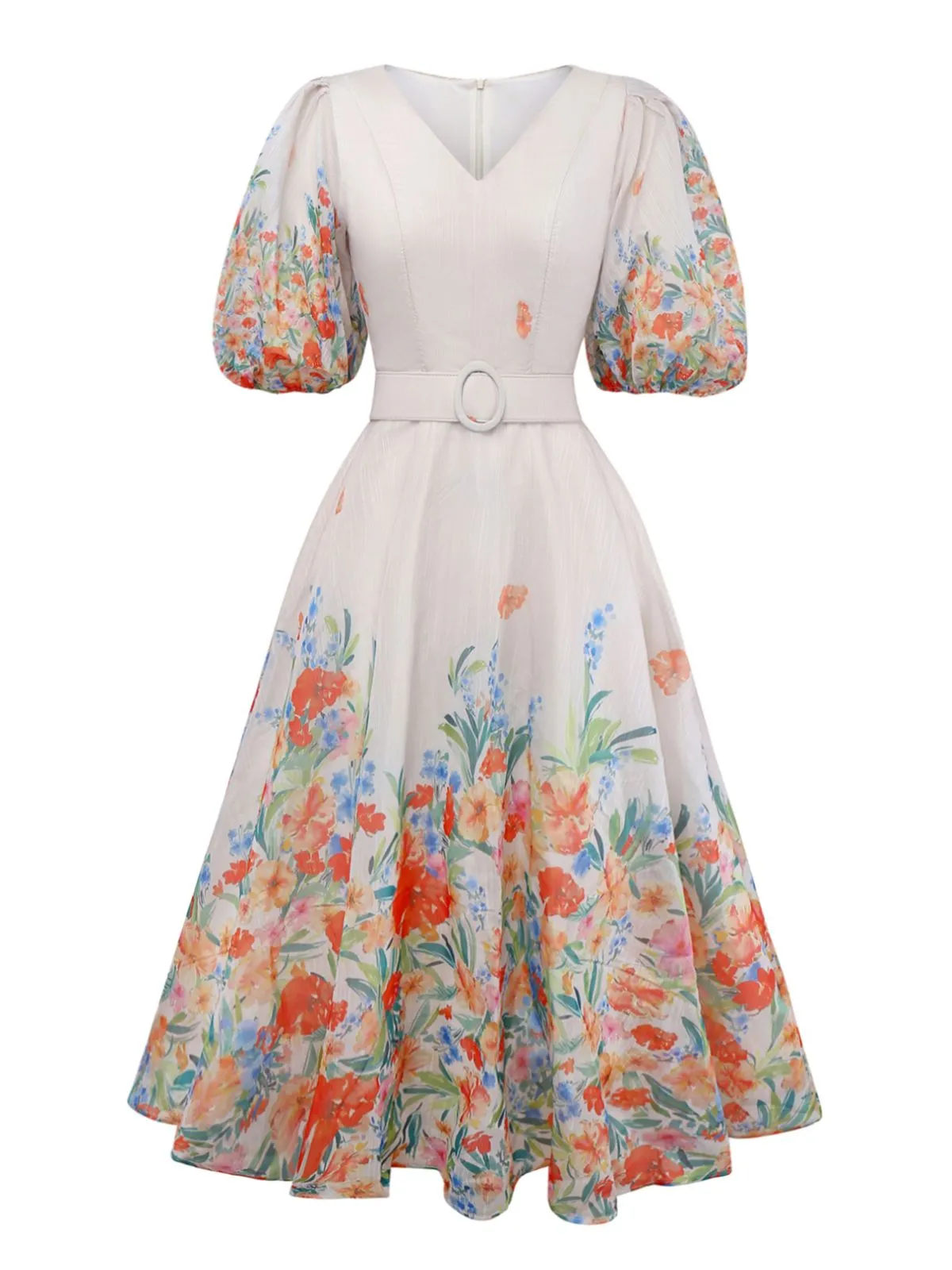 Multicolor 1950s Floral V-Neck Lantern Sleeve Belted Dress sold by Retro Stage
