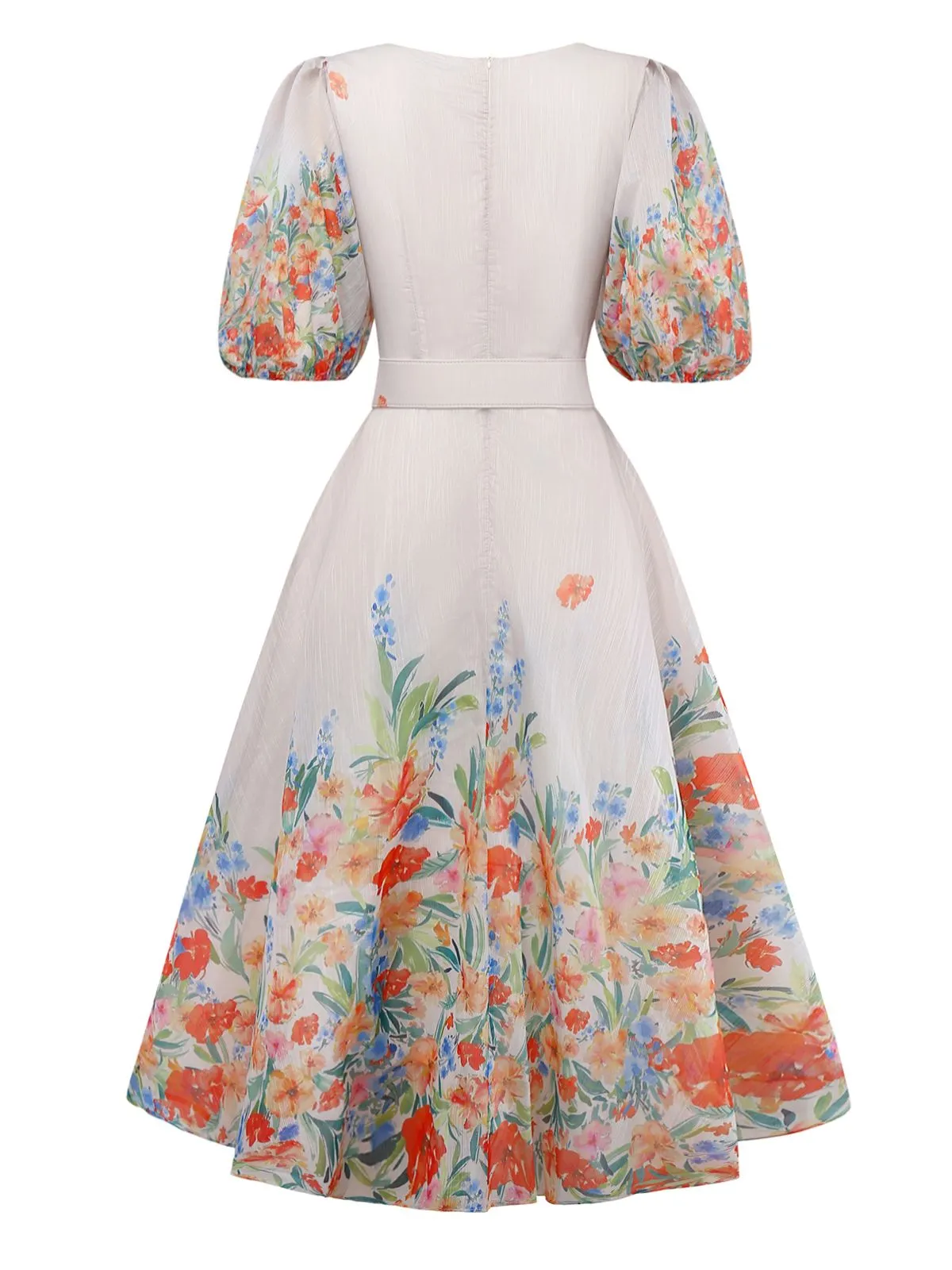 Multicolor 1950s Floral V-Neck Lantern Sleeve Belted Dress sold by Retro Stage product image thumbnail 2