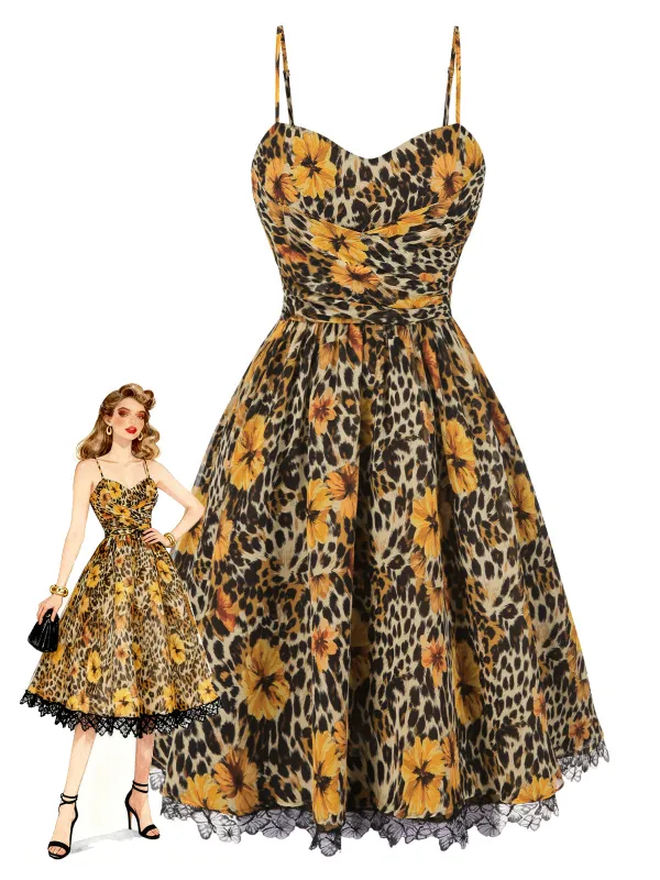 1950s Slip Leopard Sunflower Butterflies Lace Dress sold by Retro Stage