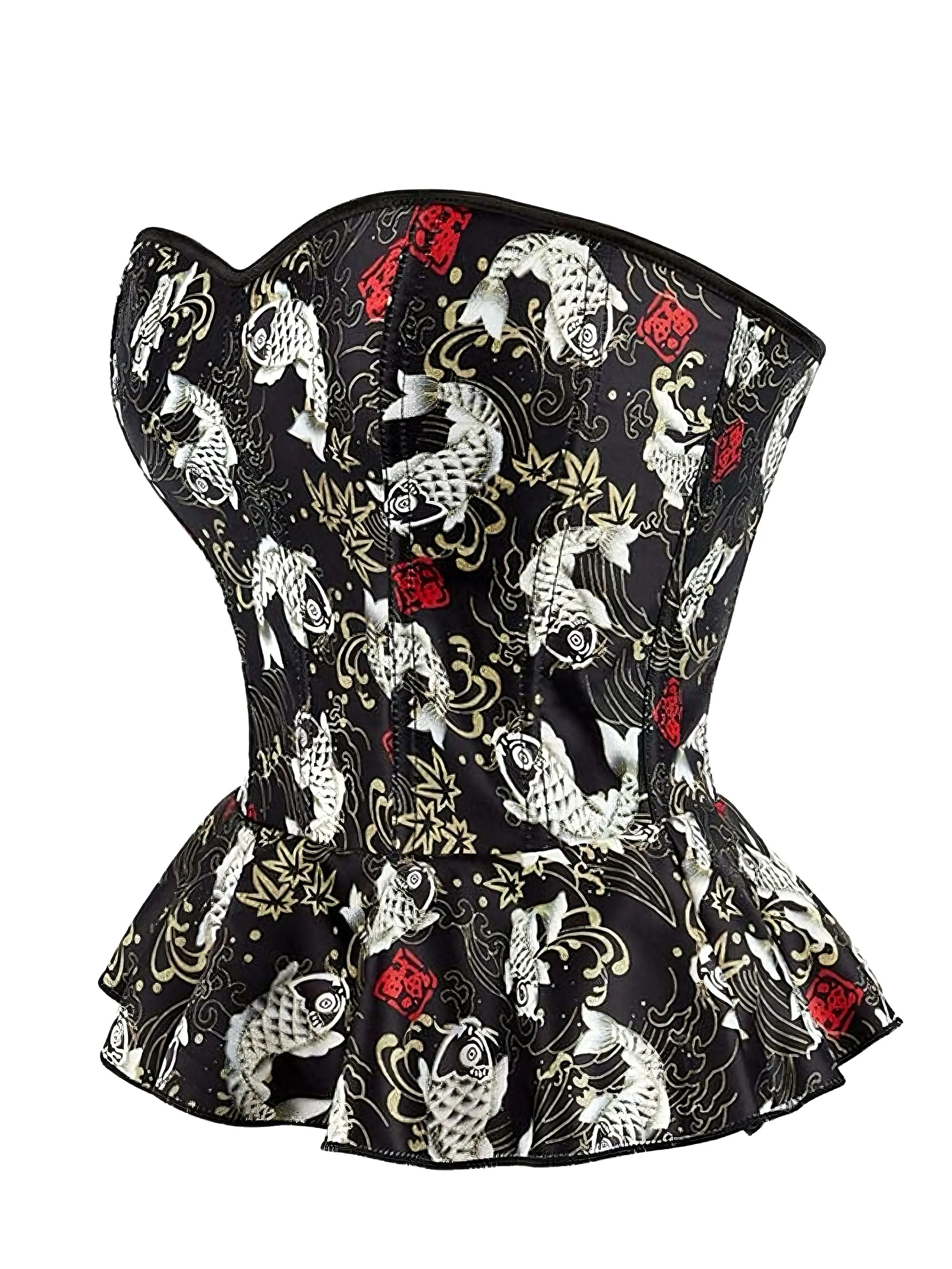 Black 1970s Strapless Koi Fish Print Ruffle Corset sold by Retro Stage product image thumbnail 2