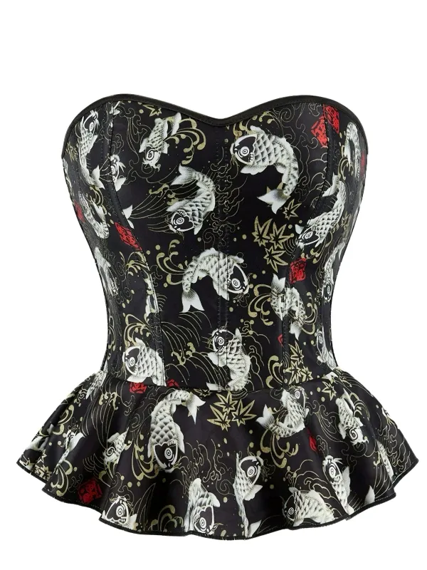 Black 1970s Strapless Koi Fish Print Ruffle Corset sold by Retro Stage