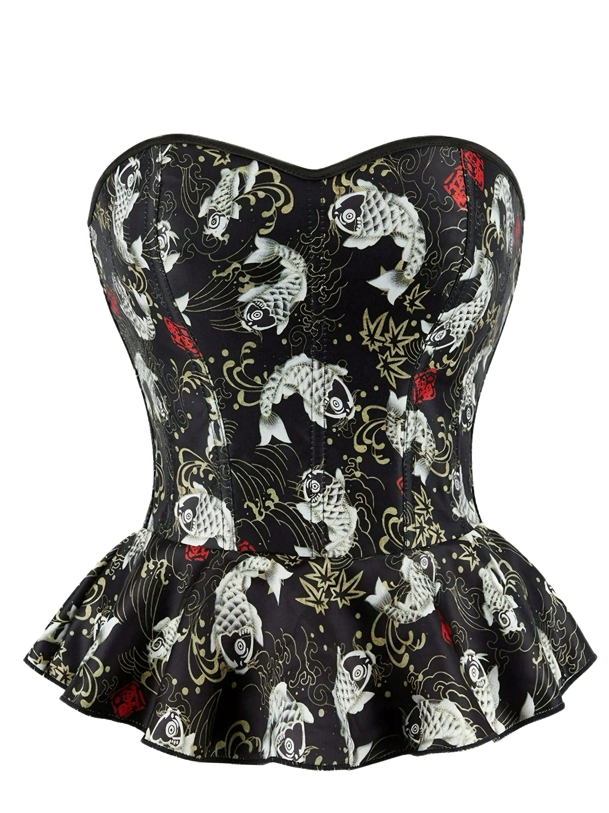 Black 1970s Strapless Koi Fish Print Ruffle Corset sold by Retro Stage