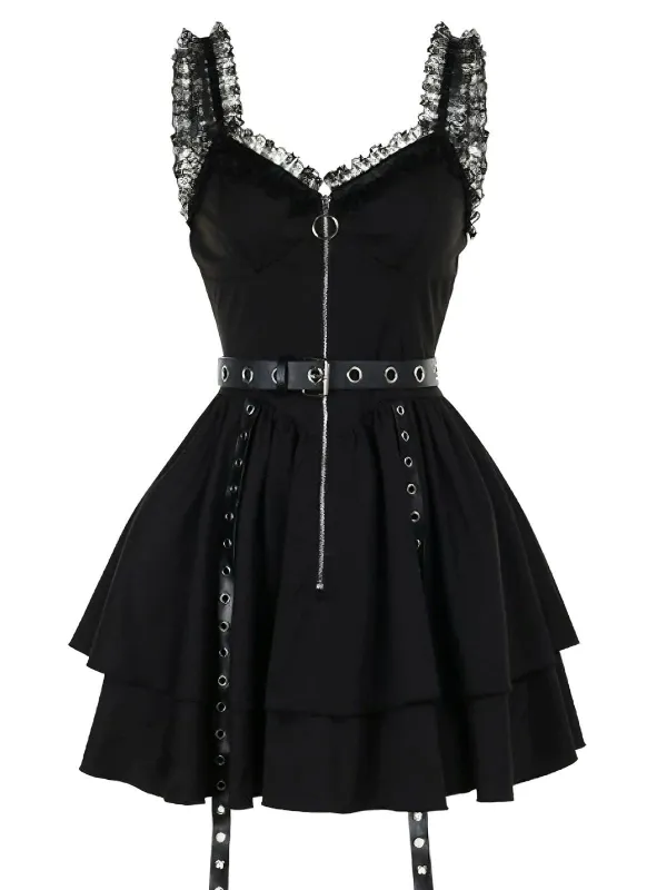 Black 1980s Punk Metal Belted Patchwork Dress sold by Retro Stage