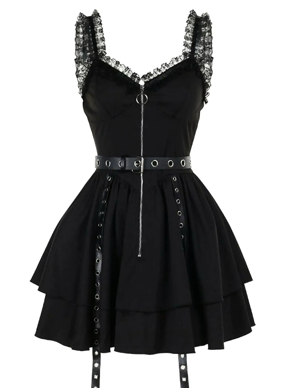 Black 1980s Punk Metal Belted Patchwork Dress sold by Retro Stage