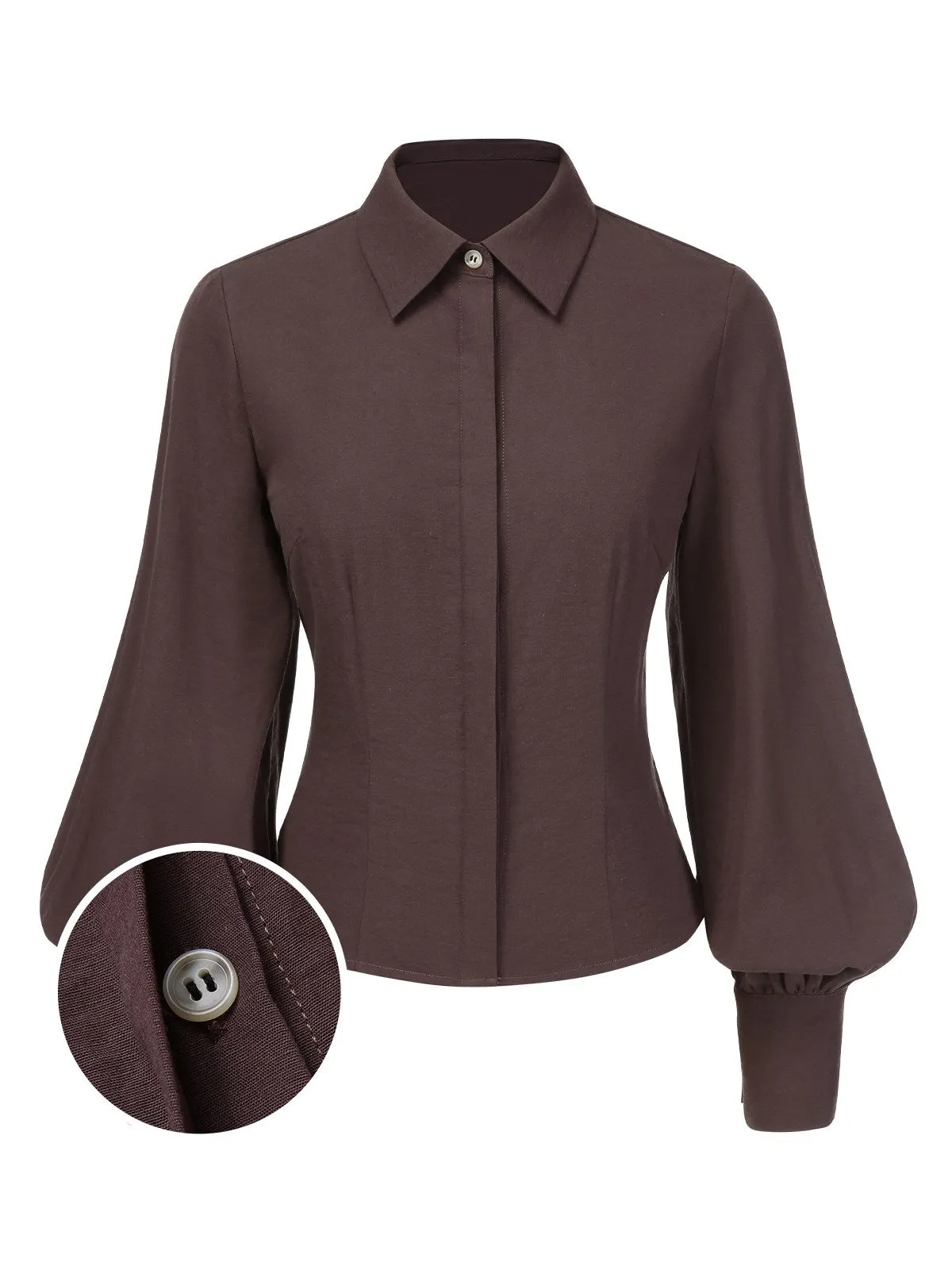 Brown 1950s Solid Lantern Sleeve Lapel Blouse sold by Retro Stage product image thumbnail 3