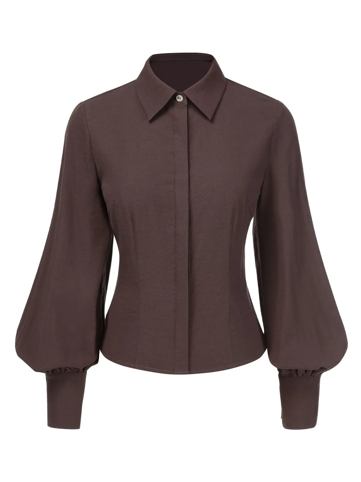 Brown 1950s Solid Lantern Sleeve Lapel Blouse sold by Retro Stage product image thumbnail 4