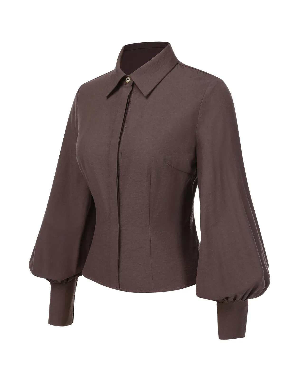Brown 1950s Solid Lantern Sleeve Lapel Blouse sold by Retro Stage product image thumbnail 5