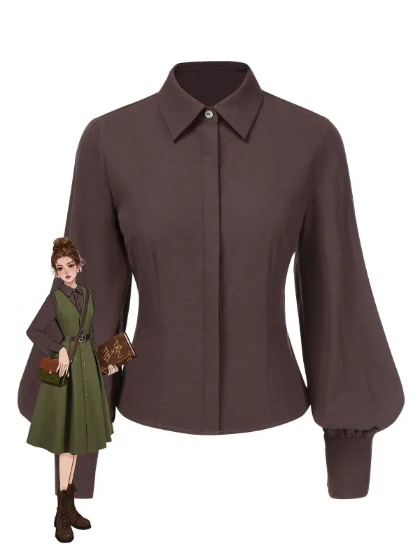 Brown 1950s Solid Lantern Sleeve Lapel Blouse sold by Retro Stage