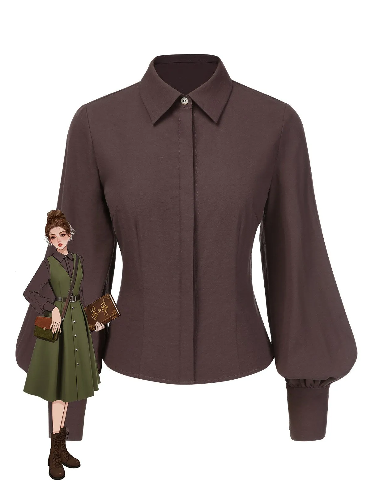 Brown 1950s Solid Lantern Sleeve Lapel Blouse sold by Retro Stage