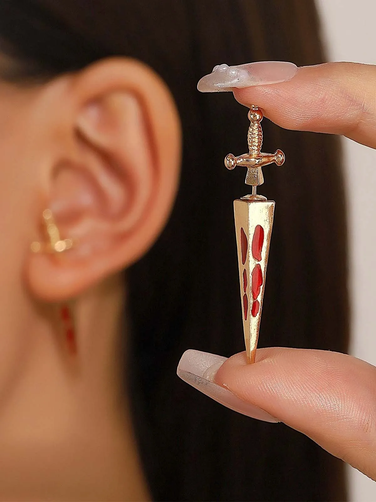 Gold Gothic Blood Sword Pendant Earrings sold by Retro Stage product image thumbnail 2