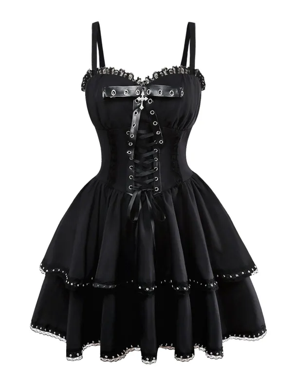 Black 1980s Gothic Layered Lace Slip Dress sold by Retro Stage