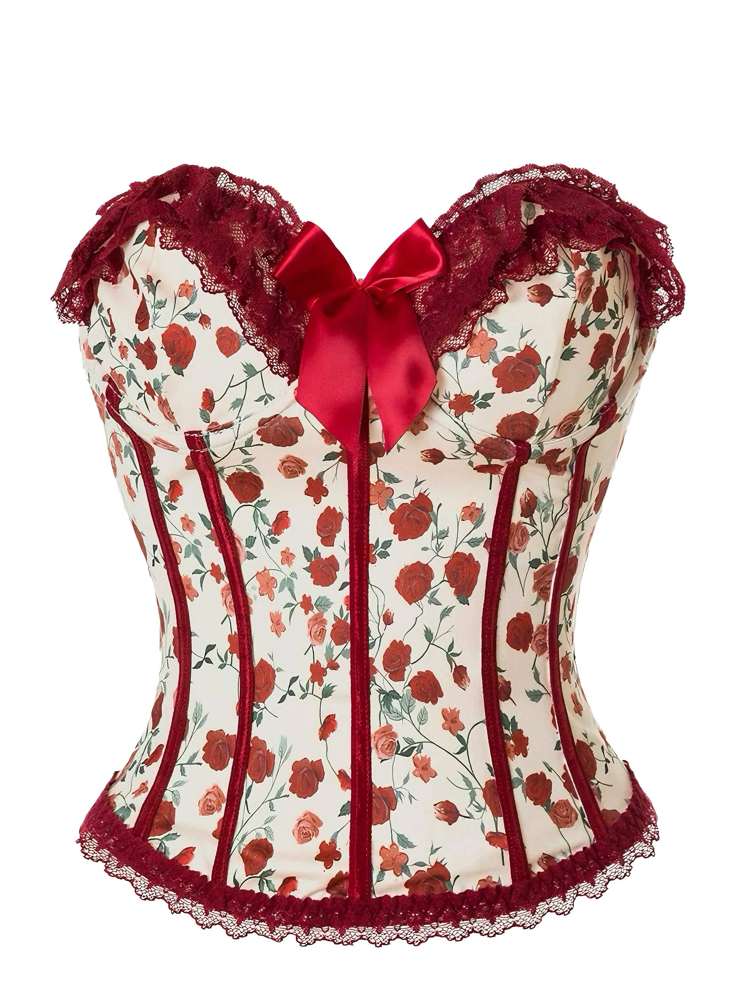 Red 1970s Strapless Court Lace Roses Corset sold by Retro Stage