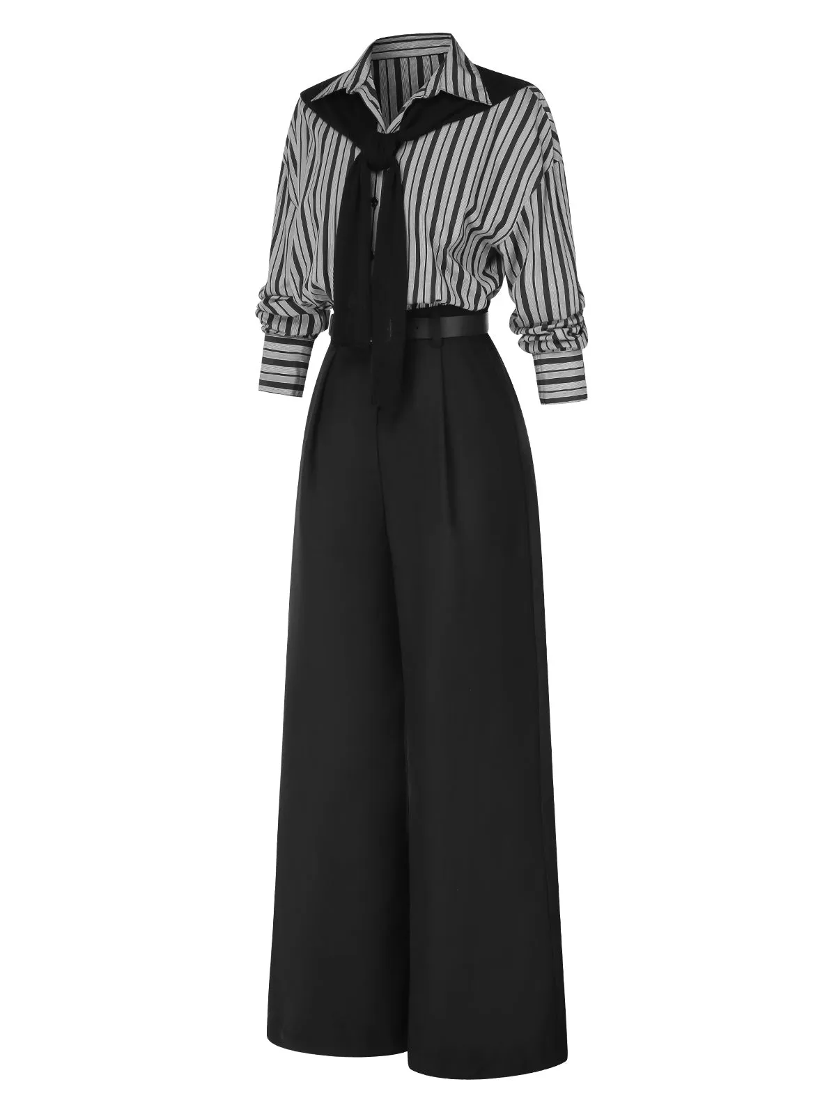 Black 1940s Shirt Collar Stripe Jumpsuit With Cape sold by Retro Stage product image thumbnail 5