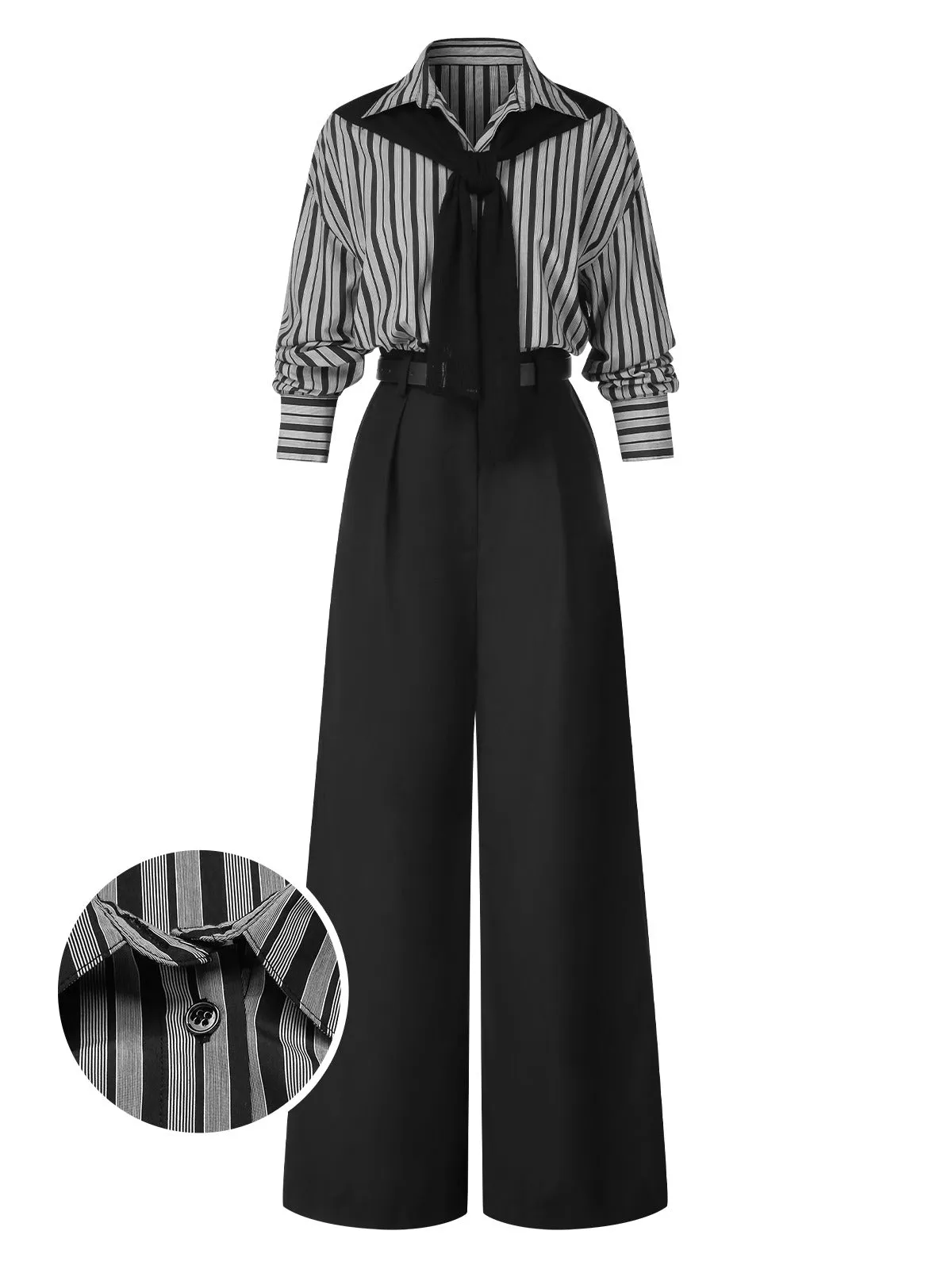 Black 1940s Shirt Collar Stripe Jumpsuit With Cape sold by Retro Stage product image thumbnail 3