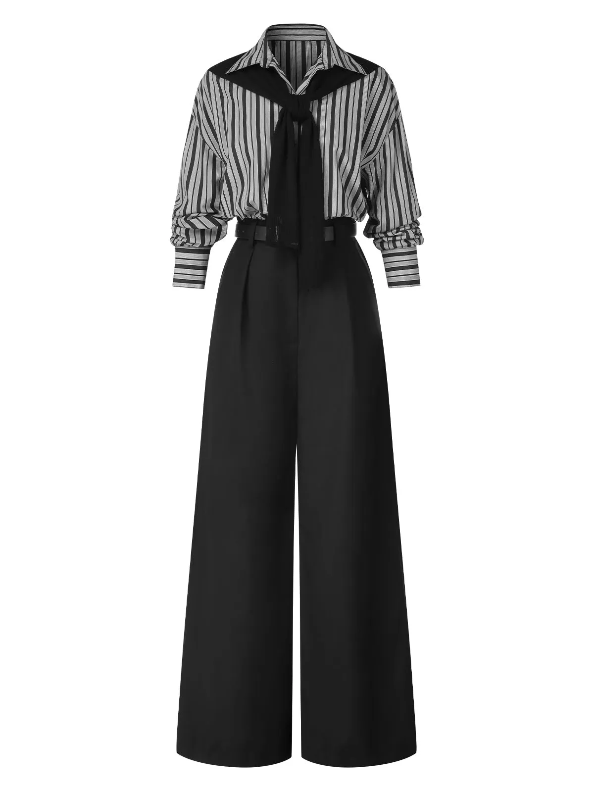 Black 1940s Shirt Collar Stripe Jumpsuit With Cape sold by Retro Stage product image thumbnail 4