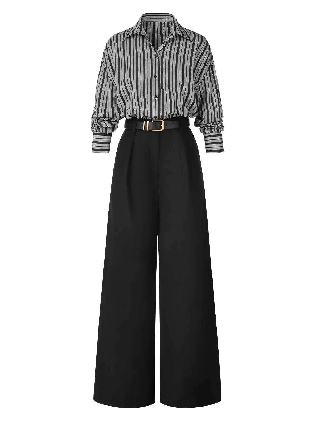 Black 1940s Shirt Collar Stripe Jumpsuit With Cape sold by Retro Stage product image thumbnail 2