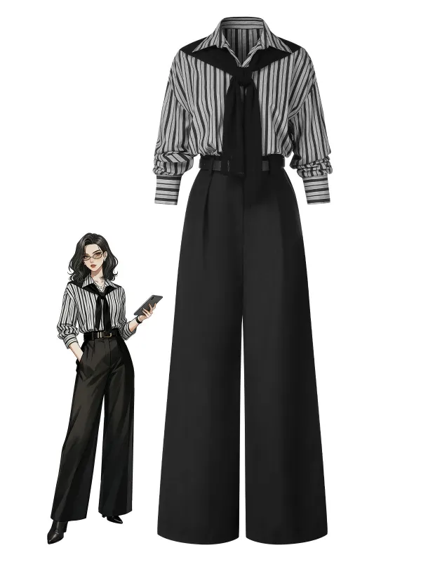 Black 1940s Shirt Collar Stripe Jumpsuit With Cape sold by Retro Stage