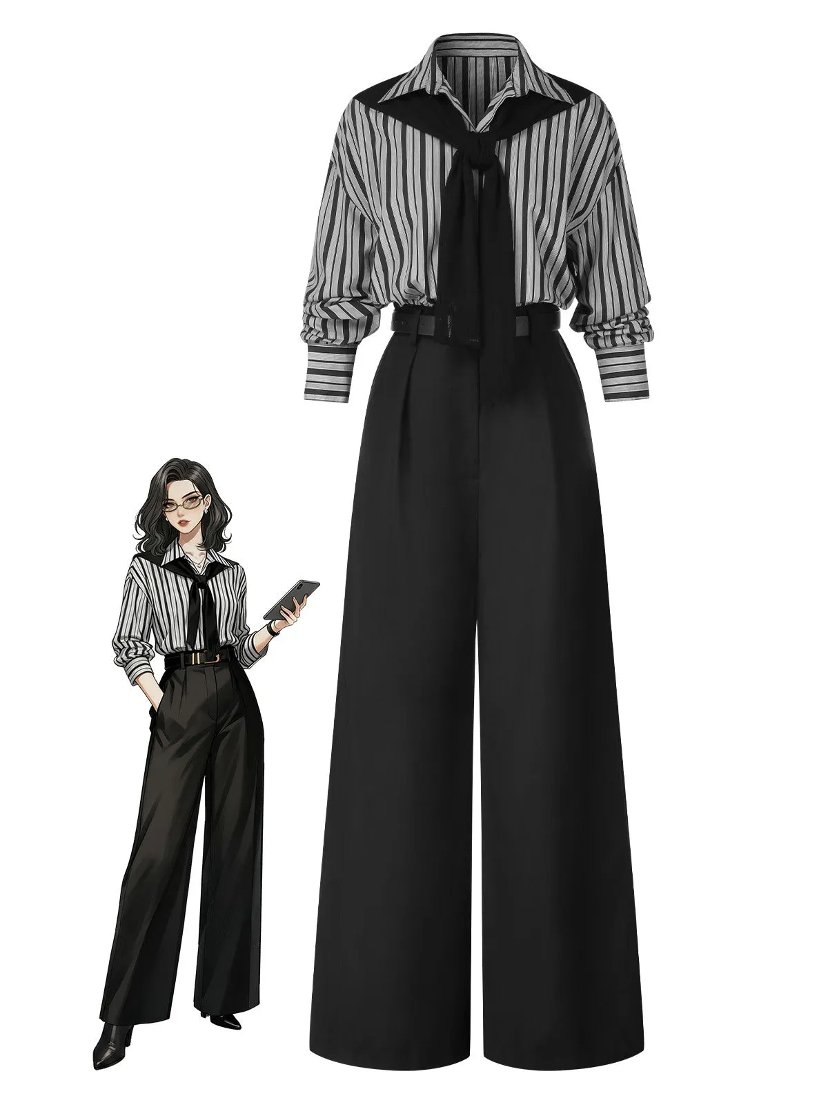 Black 1940s Shirt Collar Stripe Jumpsuit With Cape sold by Retro Stage