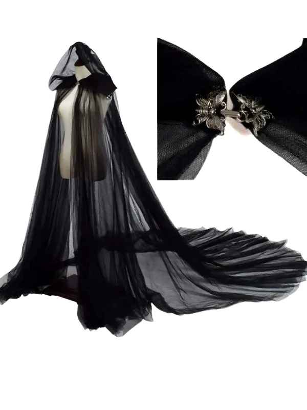 Black Halloween Vampire Bride Mesh Hooded Cape Cloak sold by Retro Stage