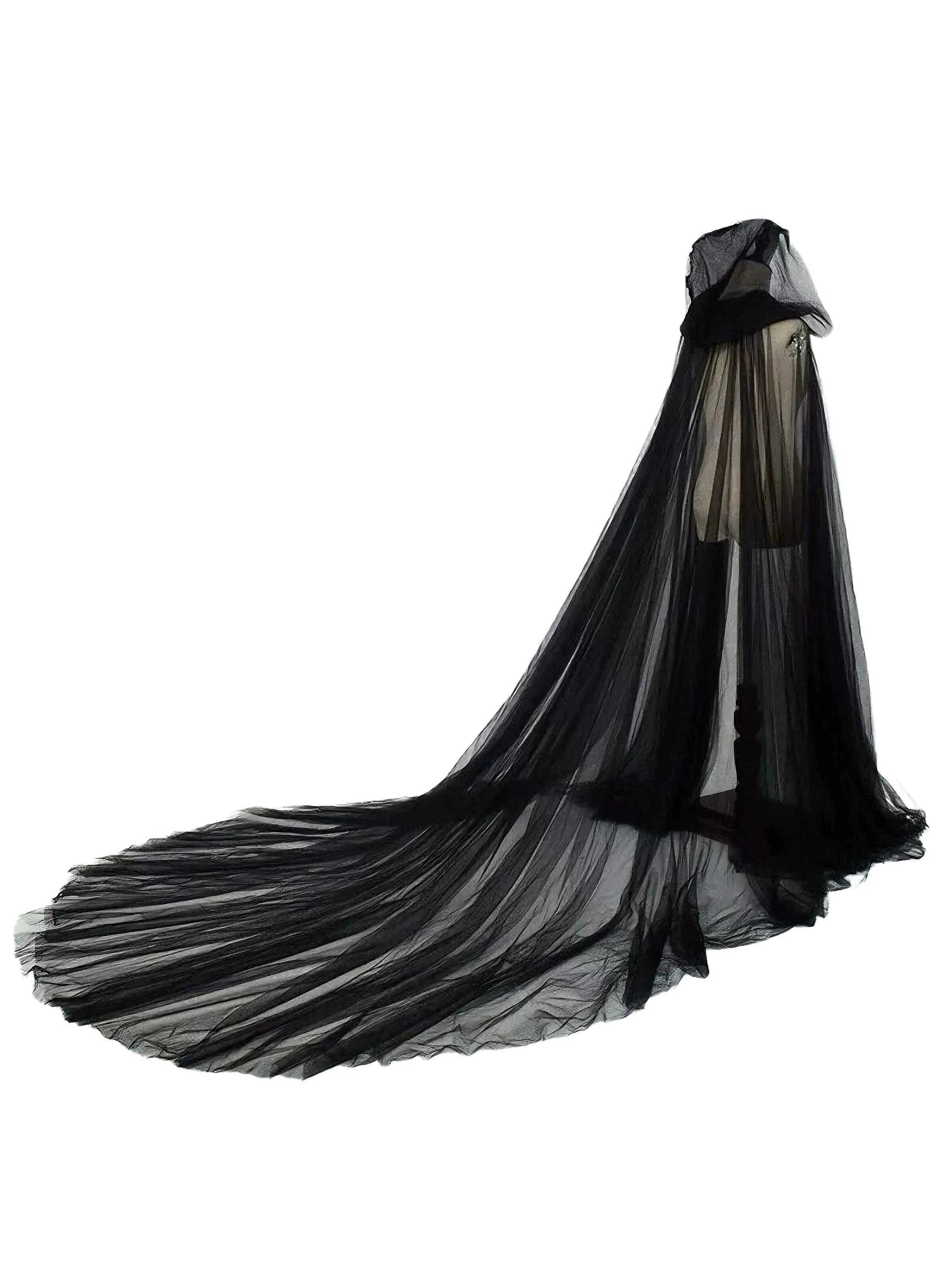 Black Halloween Vampire Bride Mesh Hooded Cape Cloak sold by Retro Stage product image thumbnail 3