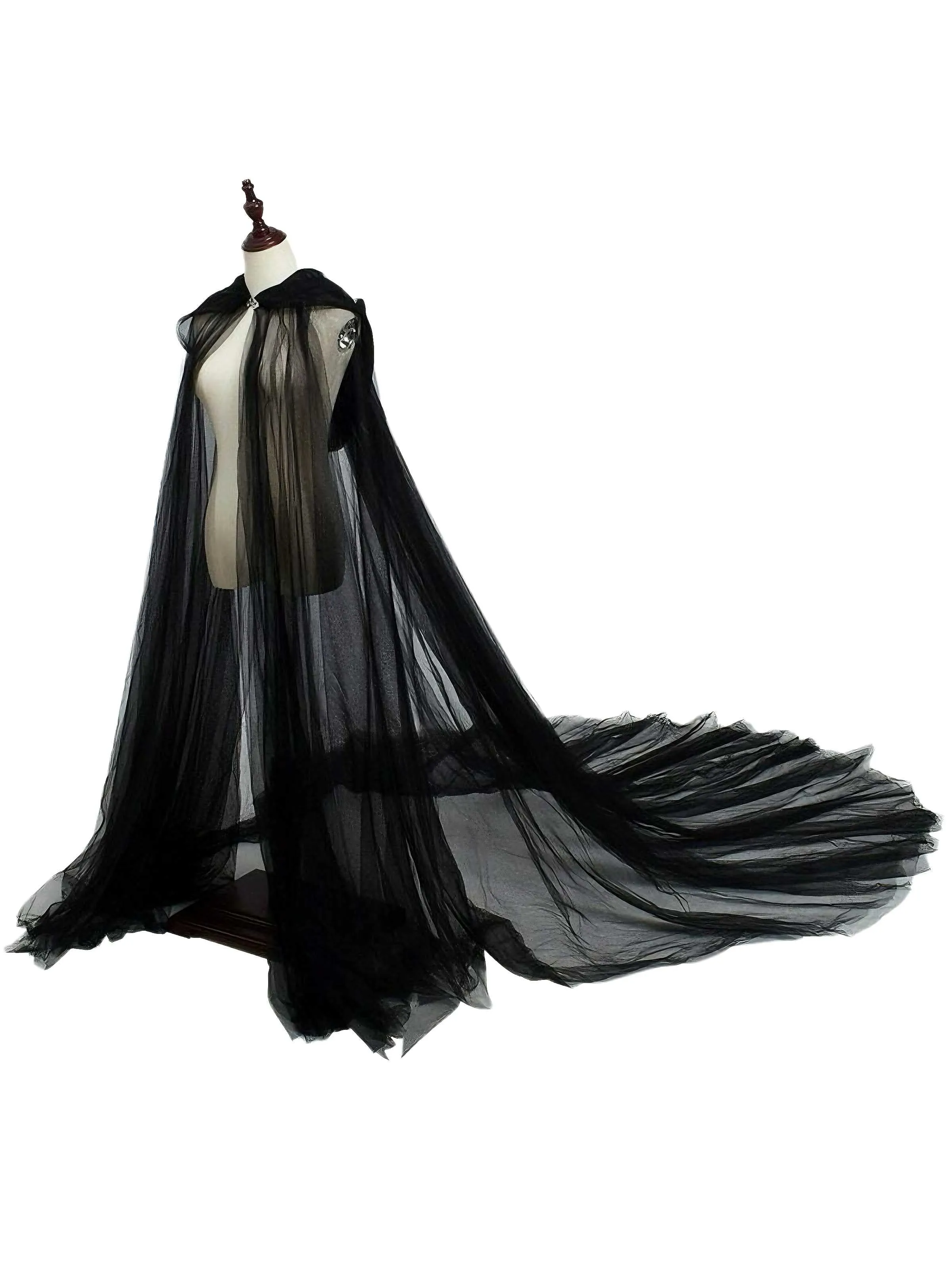 Black Halloween Vampire Bride Mesh Hooded Cape Cloak sold by Retro Stage product image thumbnail 2