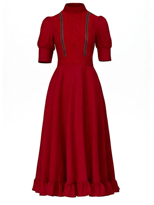 Red 1940s X Prequel Pearl Lace Ruffed Hem Dress sold by Retro Stage