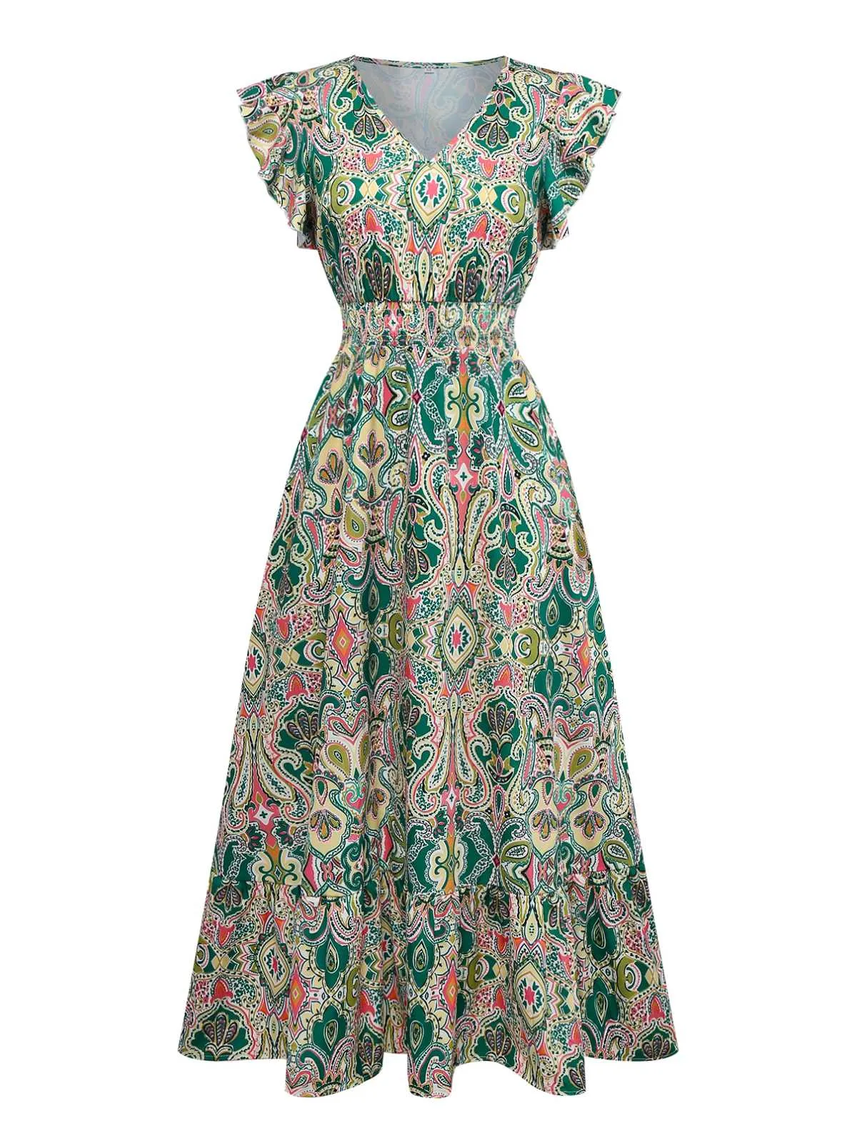 1970s V-Neck Paisley Print Ruffed Sleeve Dress sold by Retro Stage