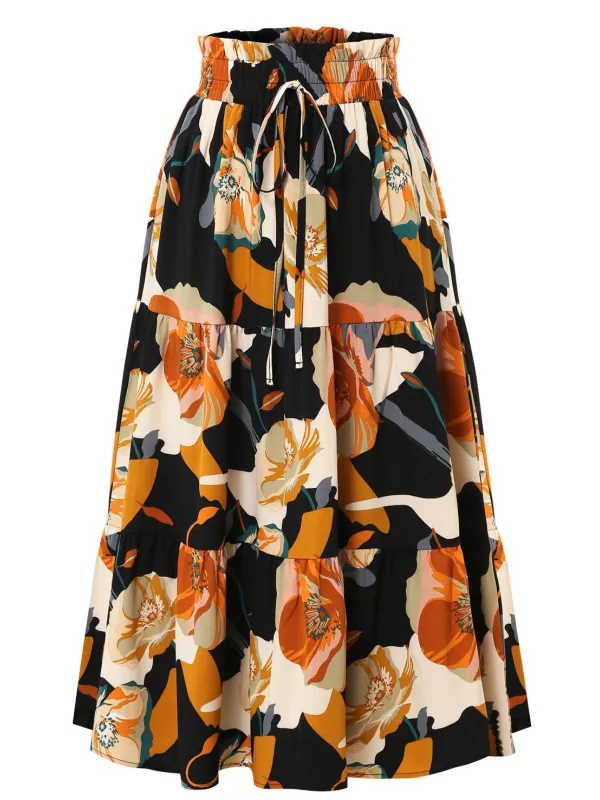 1970s Boho Floral Bow Tiered Skirt sold by Retro Stage