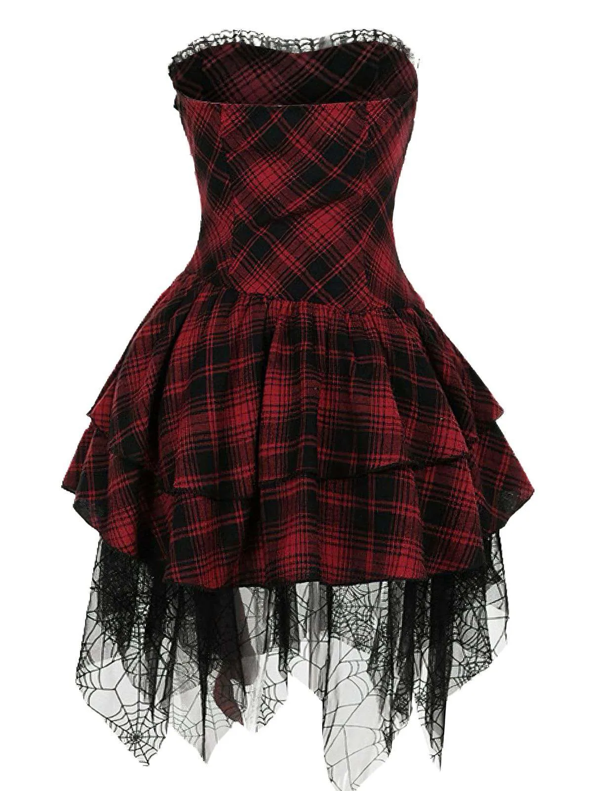 Red 1970s Spiderweb Mesh Tartan Strapless Dress sold by Retro Stage product image thumbnail 2