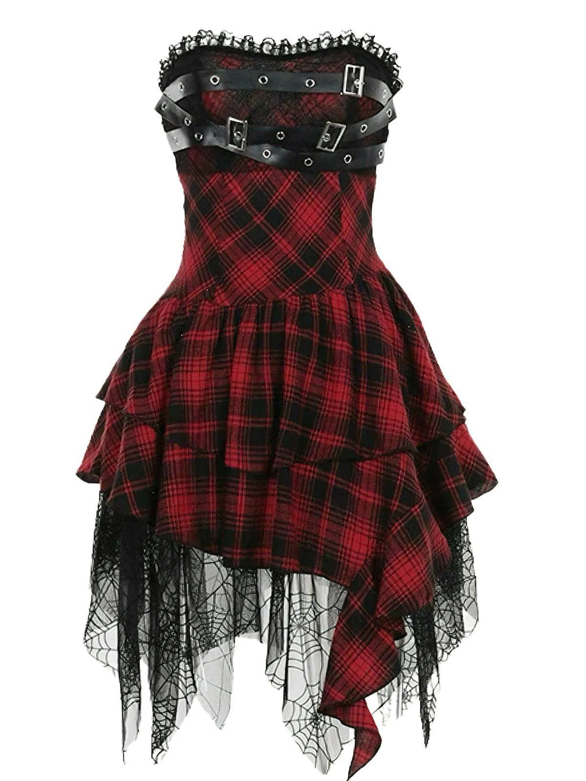 Red 1970s Spiderweb Mesh Tartan Strapless Dress sold by Retro Stage