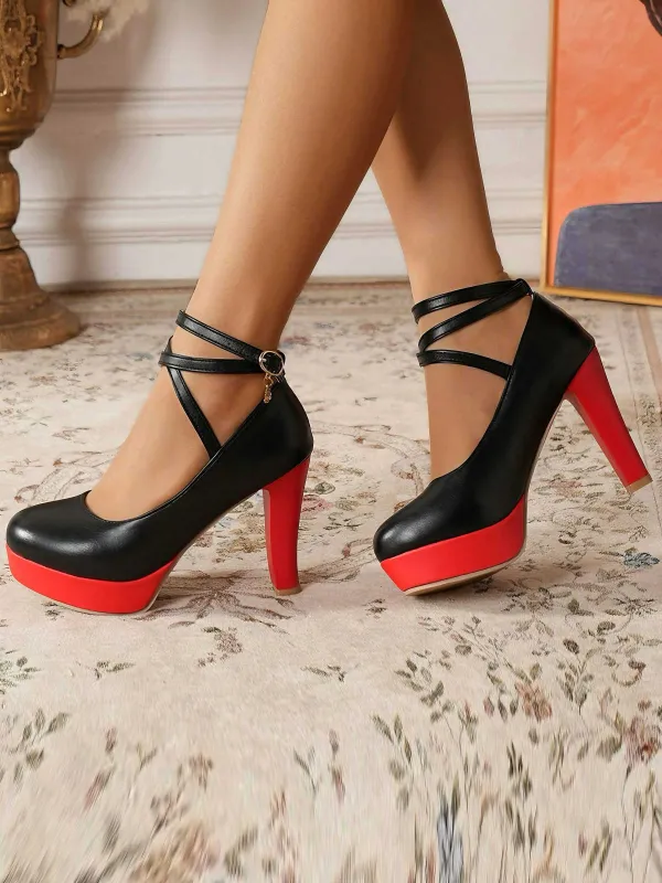 Mary Jane Color Block Round Toe Strap Chunky High Heels sold by Retro Stage