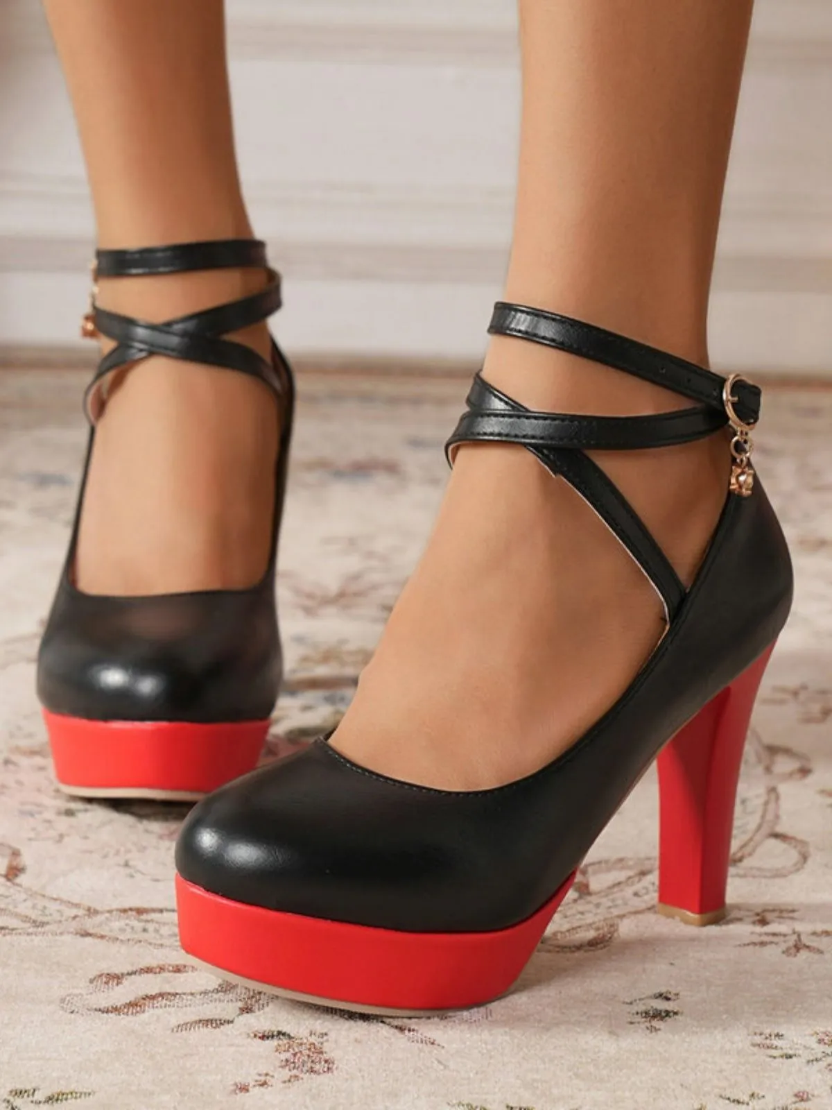 Mary Jane Color Block Round Toe Strap Chunky High Heels sold by Retro Stage product image thumbnail 2