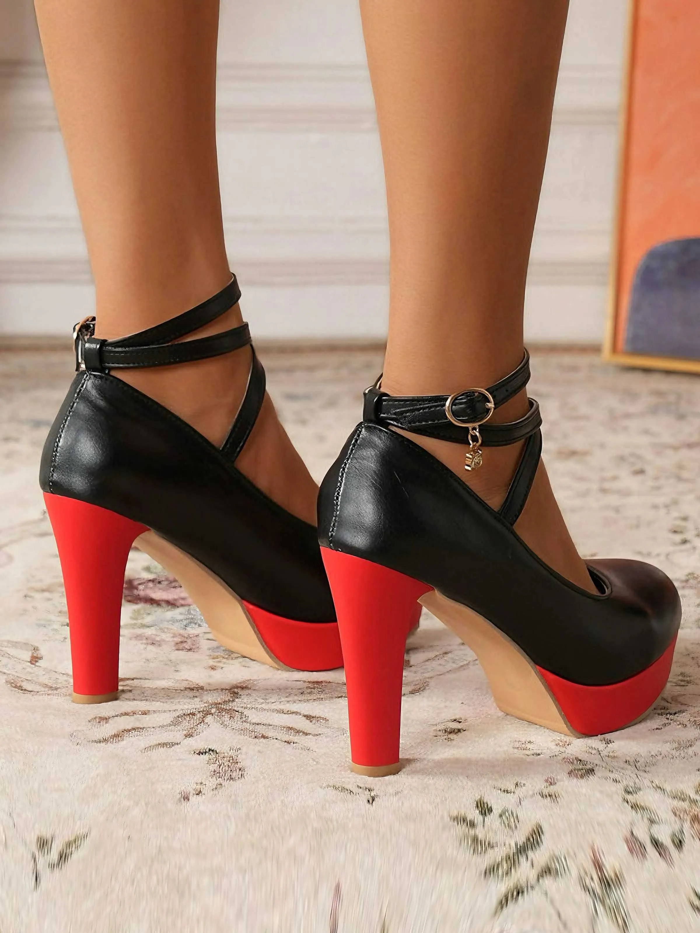 Mary Jane Color Block Round Toe Strap Chunky High Heels sold by Retro Stage product image thumbnail 3