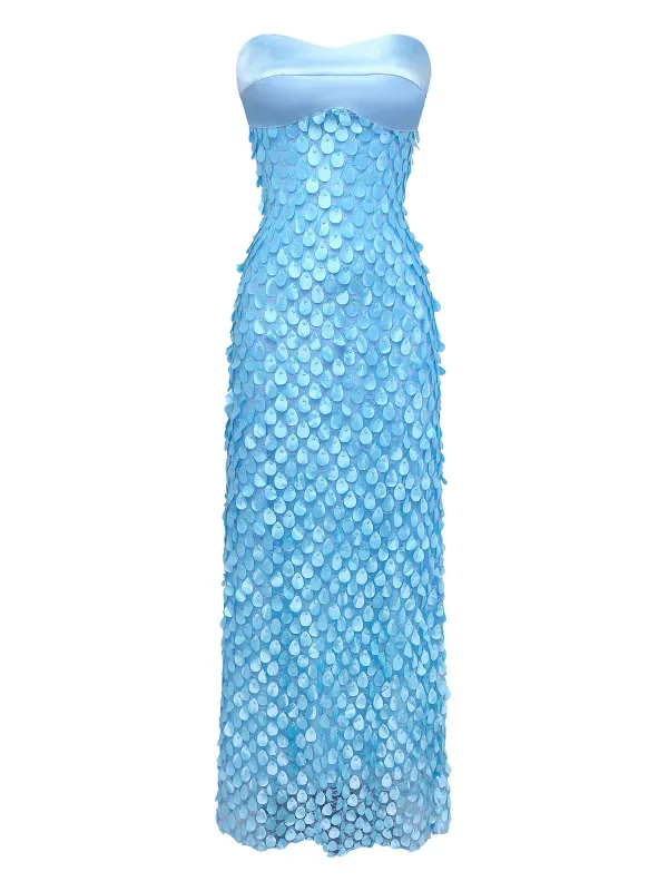 Blue 1970s 3D Floral Lace Beaded Backless Strapless Dress sold by Retro Stage