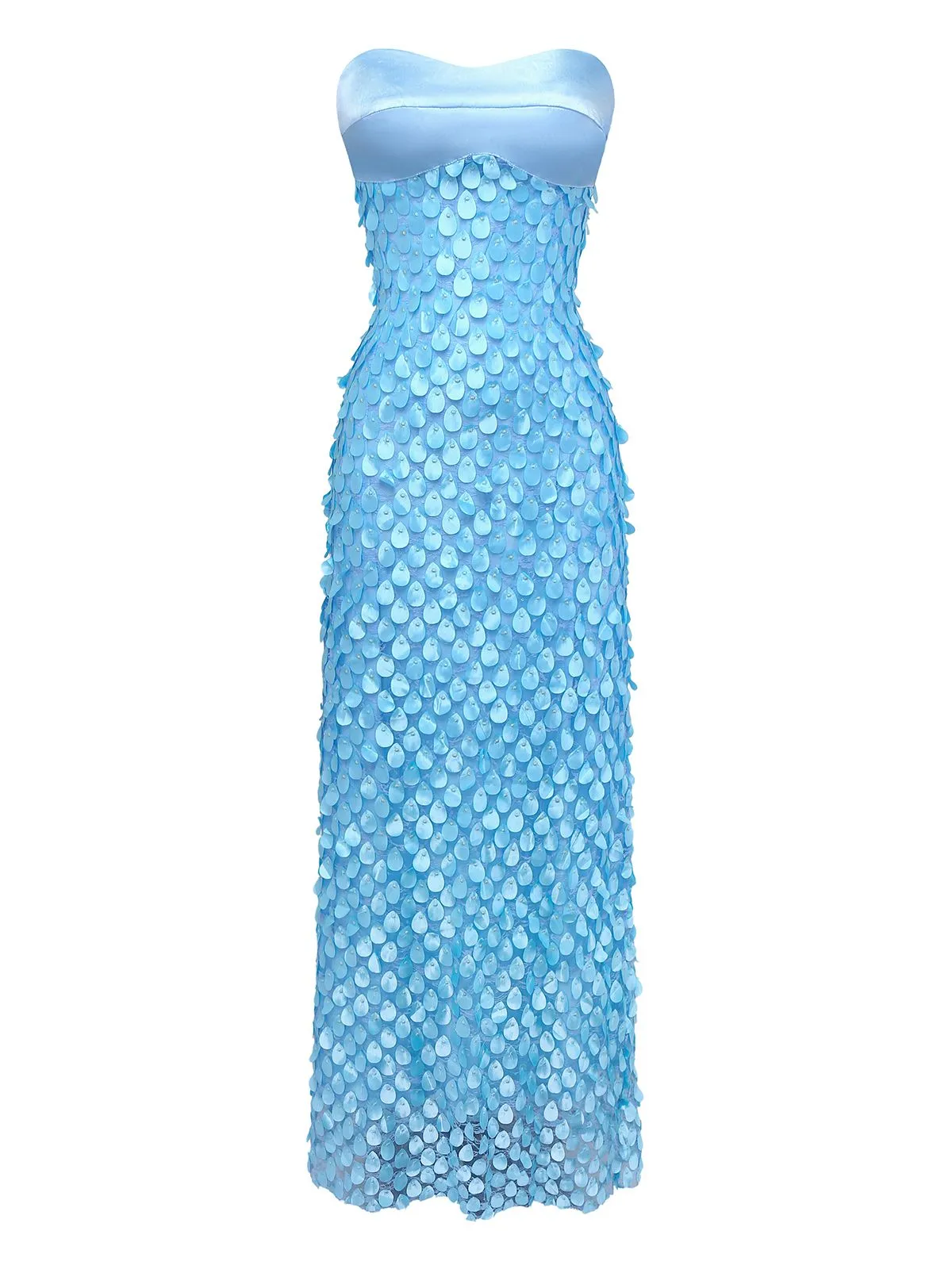 Blue 1970s 3D Floral Lace Beaded Backless Strapless Dress sold by Retro Stage